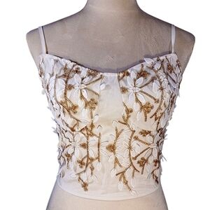 Corset Bustier Top Gold & White Floral Applique Zip Back, Adjustable Straps